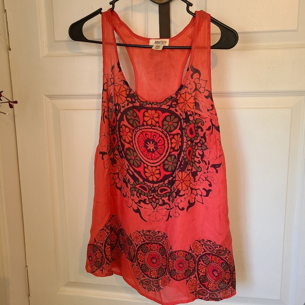 (1094) Route 66. Woman's Blouse, Sleeveless, Large, Redish